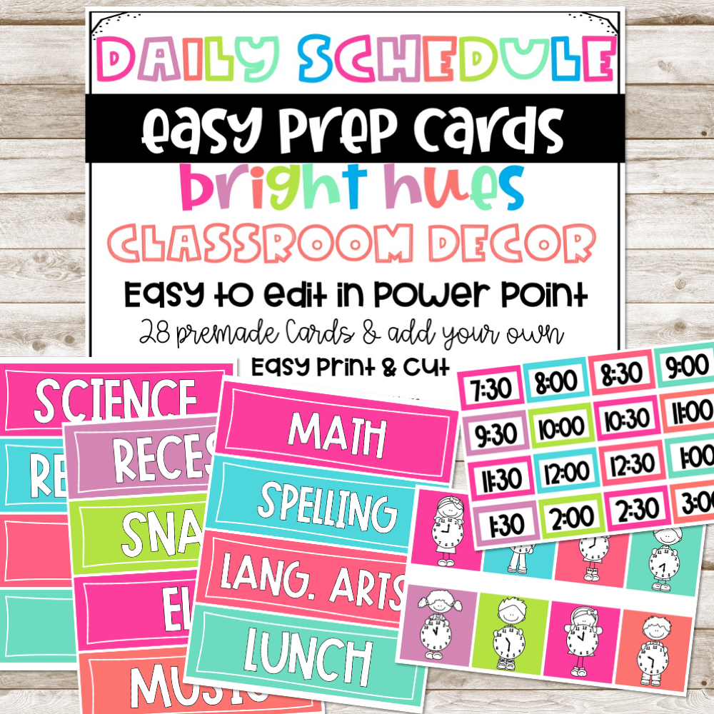 Daily schedule easy prep cards with colorful classroom decor elements.