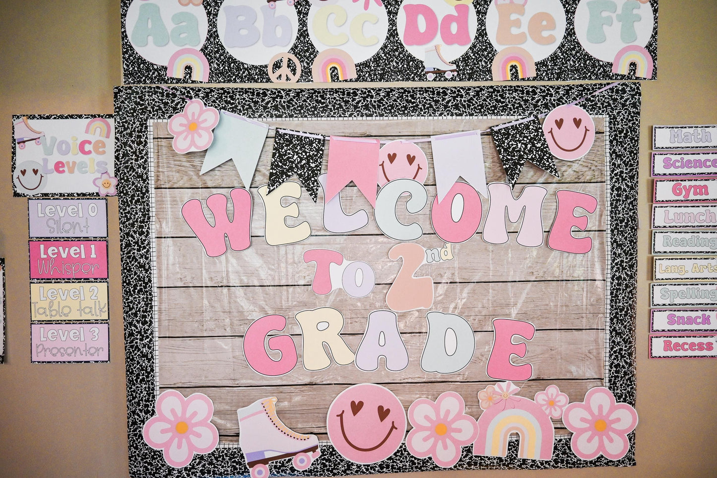 Editable Back to School Composition Notebook Groovy Bulletin Board | Groovy Themed Board | Pastel Colors