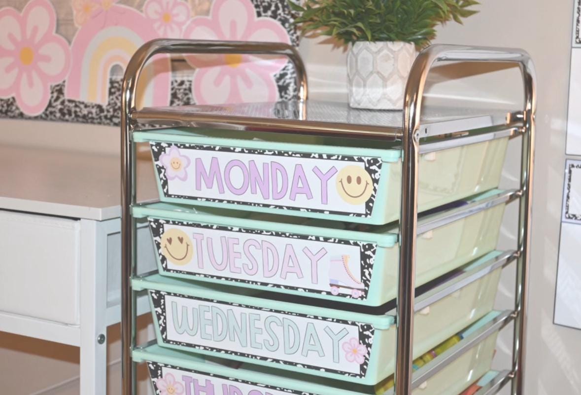 Rolling Cart Labels, Composition Notebook Classroom Decor Rolling Cart Labels - Editable - Groovy Pastel Labels 10 and 12 Drawer Labels