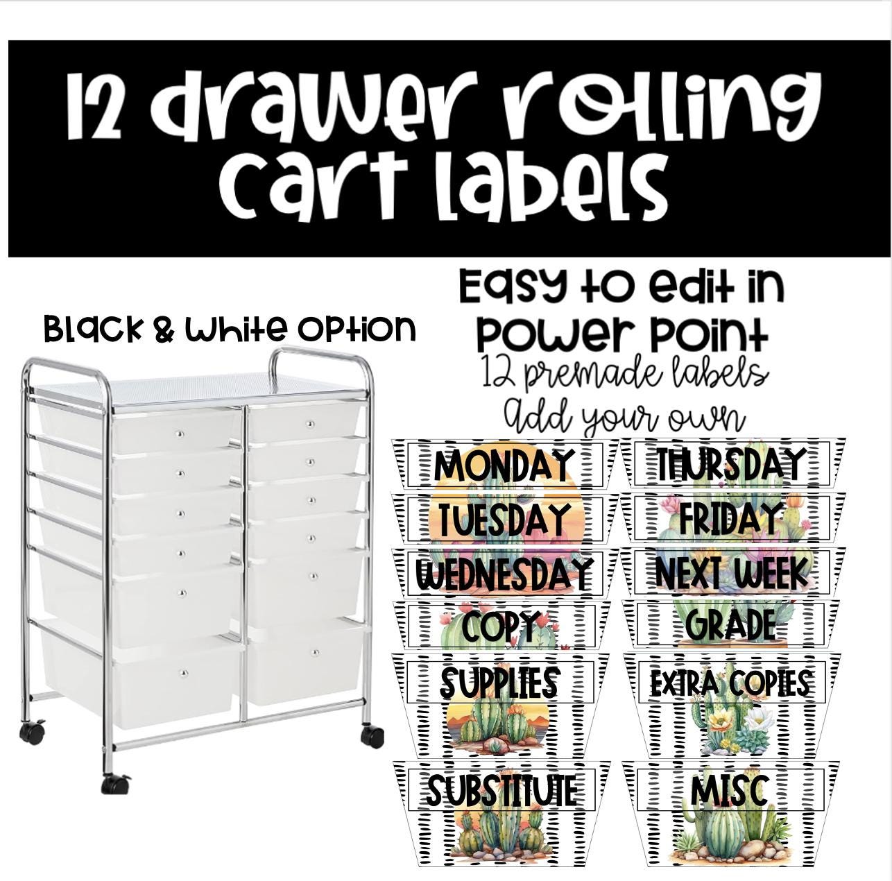 Rolling Cart Labels, Cactus Classroom Decor Rolling Cart Labels - Editable - Cactus Labels 10 and 12 Drawer Labels with a Variety of styles