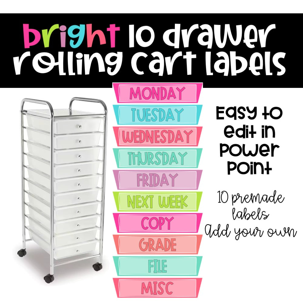 White rolling cart sample with colorful labels for days of the week and file categories.