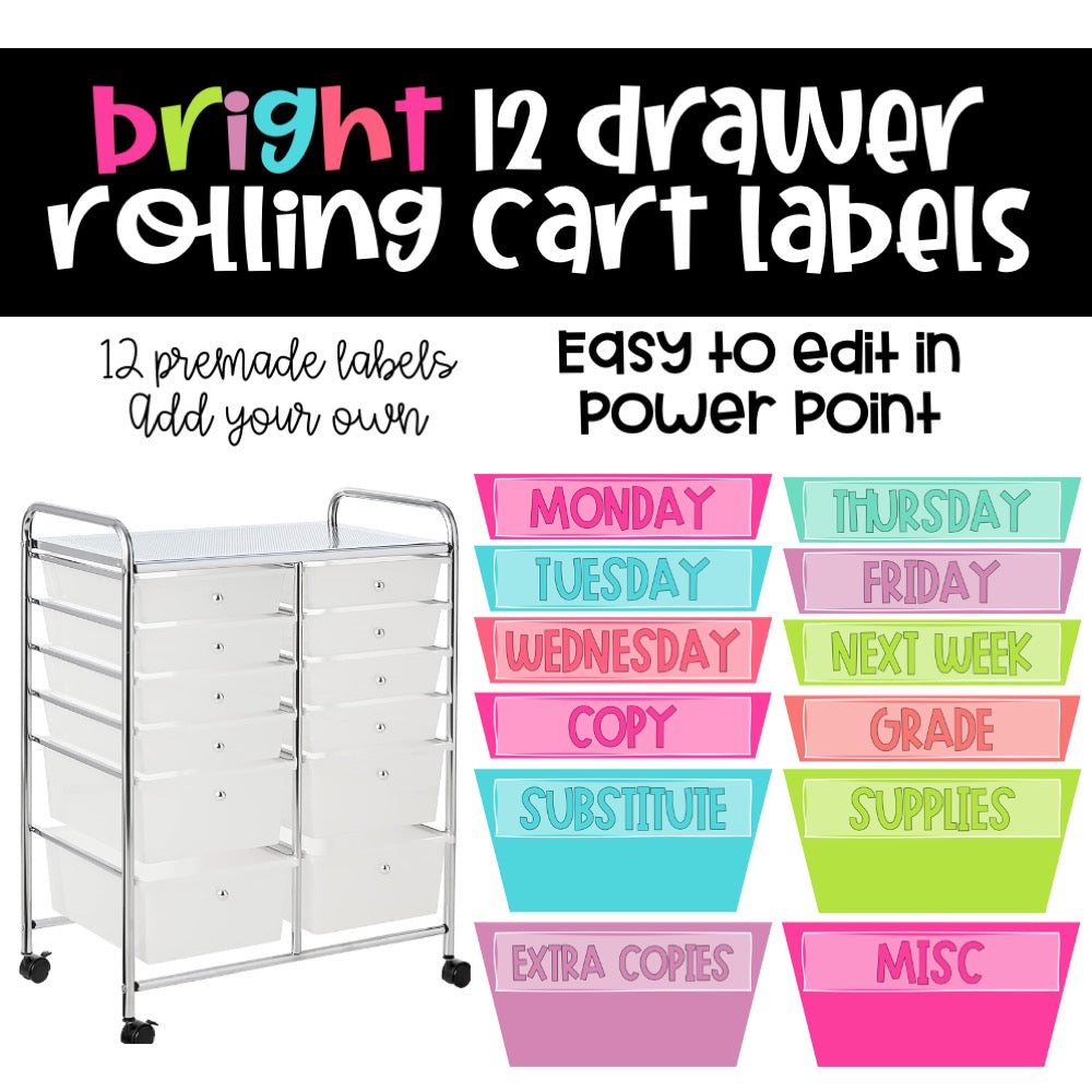 Bright 12 drawer rolling cart labels with colorful labels for classroom organization.