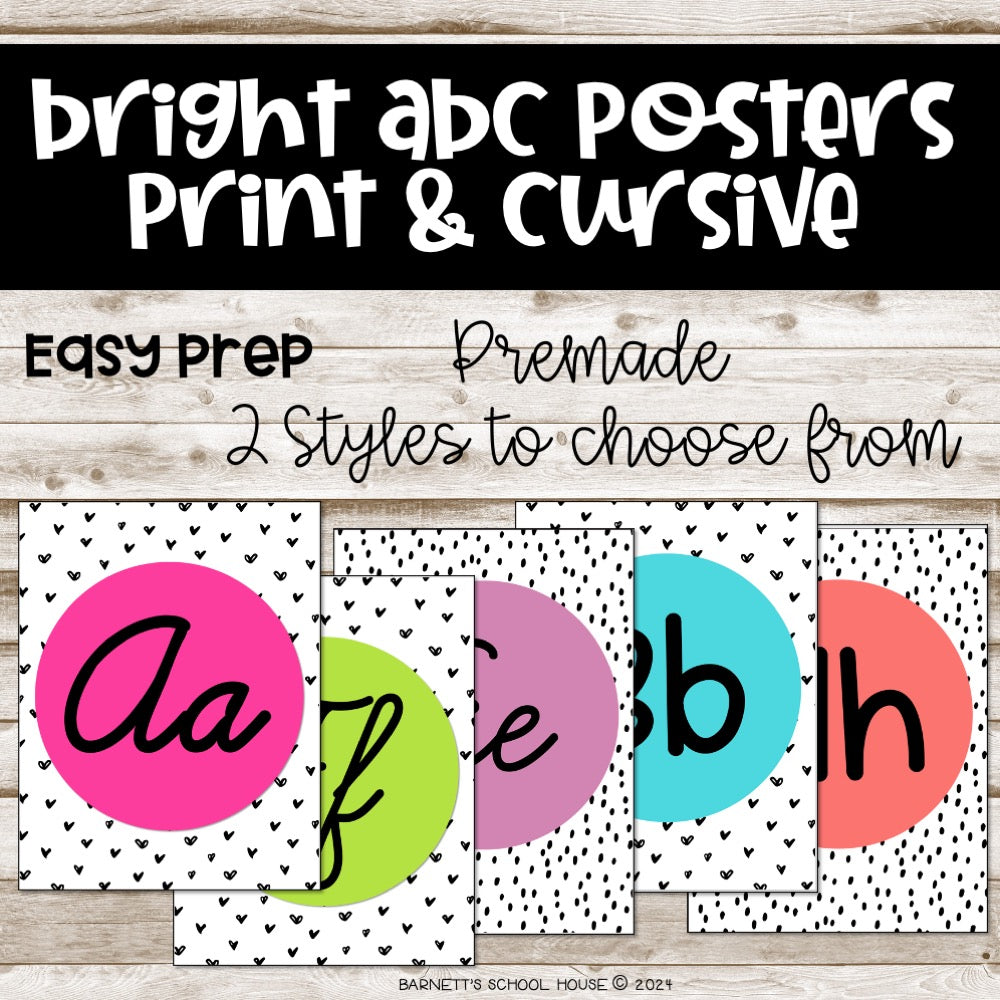 Bright alphabet posters with print and cursive styles.