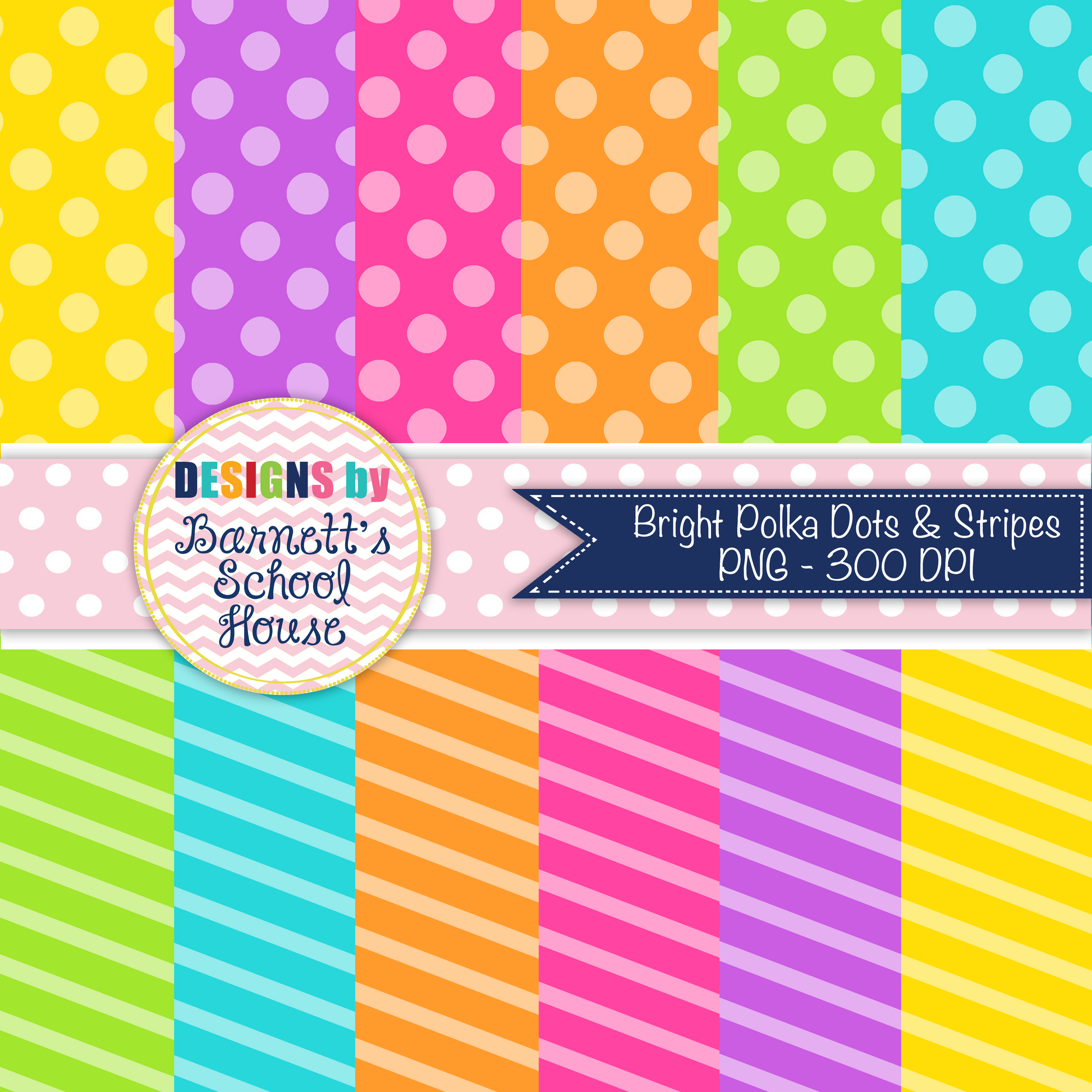 Colorful polka dot and striped patterns with 'Designs by Barnett's School House' branding.