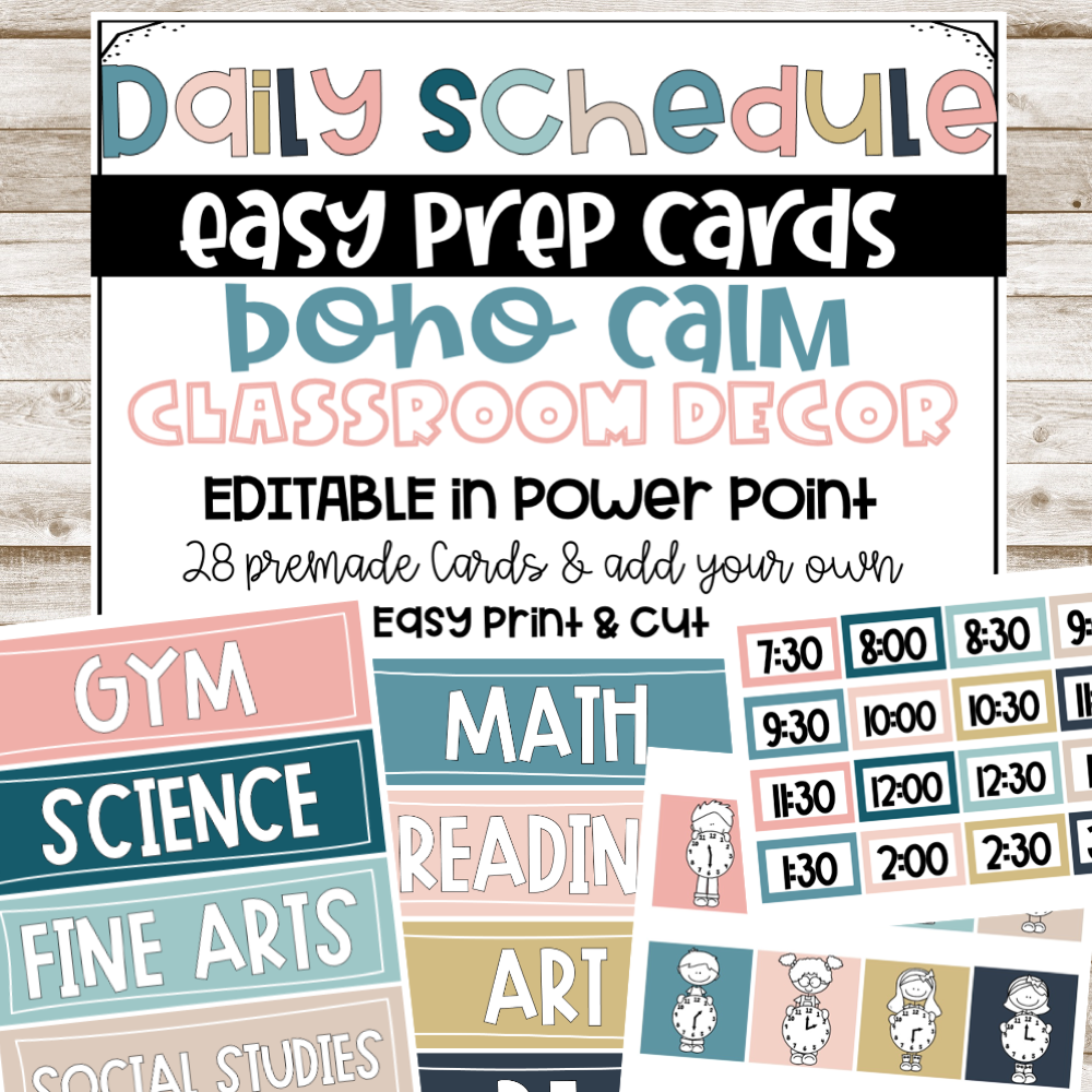 Daily schedule easy prep cards with classroom decor elements on a wooden surface.