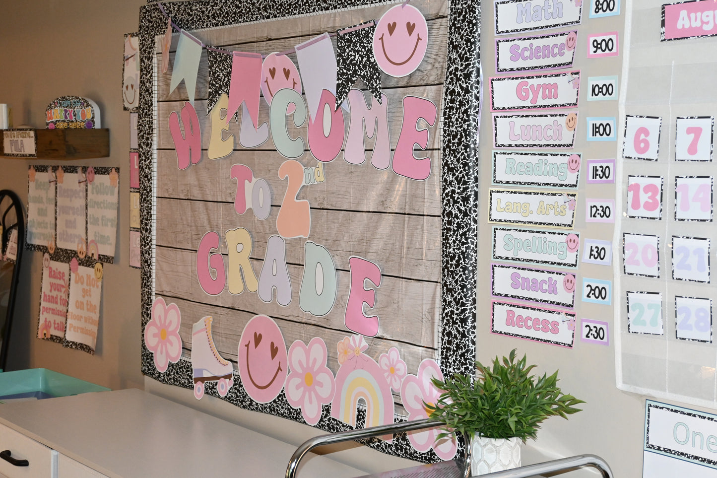 Educational classroom setting with a 'Welcome to 2nd Grade' banner and various educational posters.