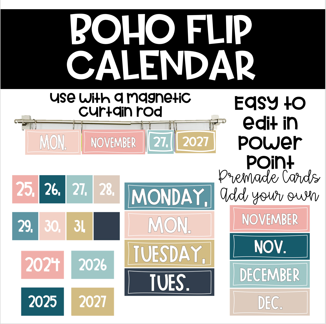 Boho flip calendar with magnetic curtain rod and editable text on a white background