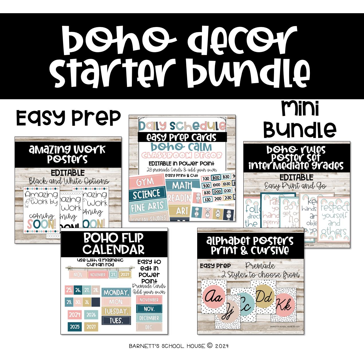 Boho decor starter bundle with educational materials and posters on a white background.