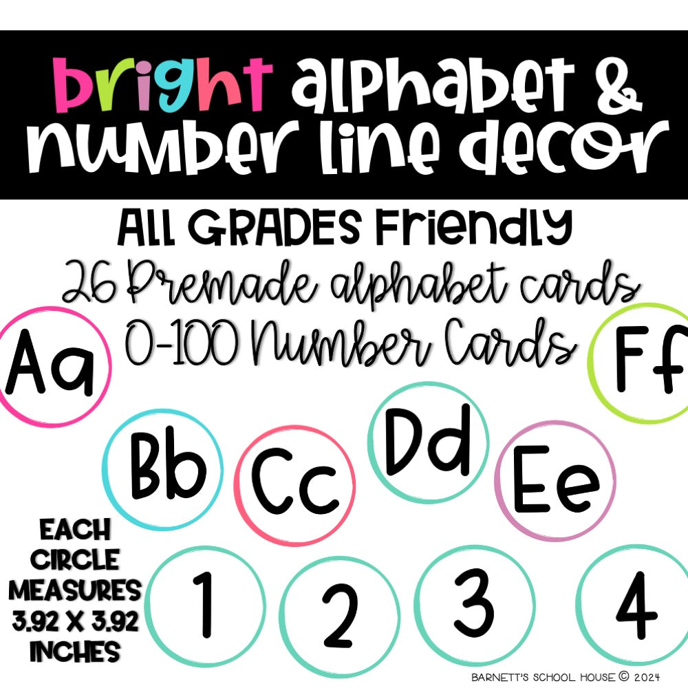 Promotional graphic for bright alphabet and number line decor with text and sample letters and numbers.
