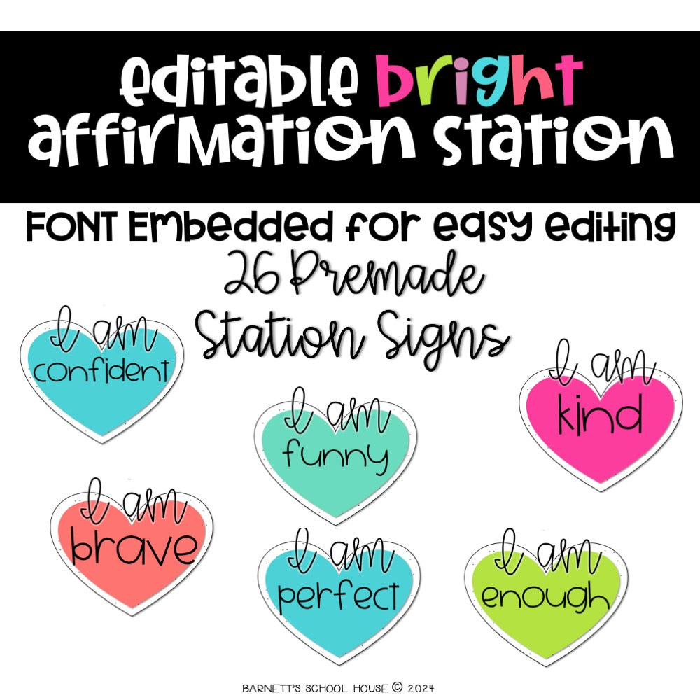 Heart-shaped affirmation signs with colorful text on a white background, featuring the brand 'Barnett's School House'.