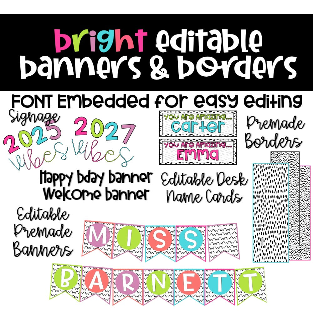 Collection of colorful editable banners and borders with text and fonts on a white background.