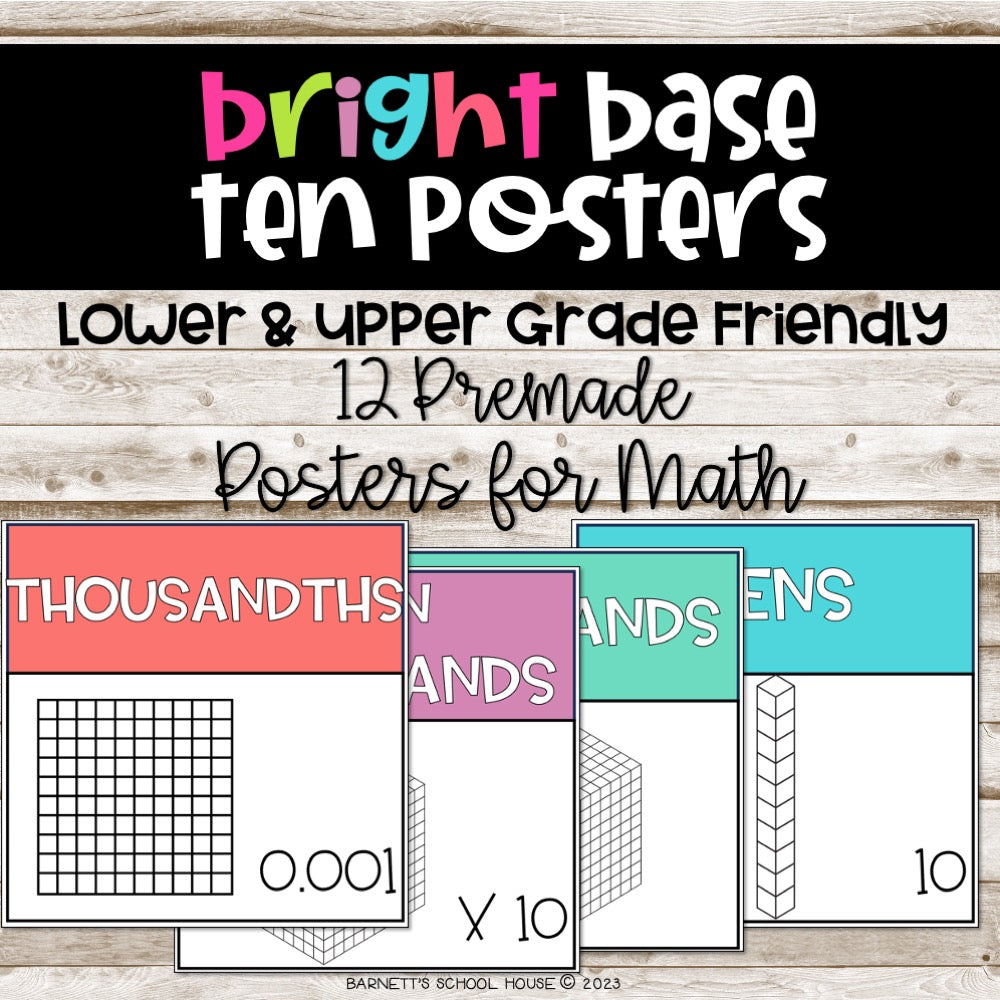 Promotional graphic for 'Bright Base Ten Posters' with colorful text and small math posters.