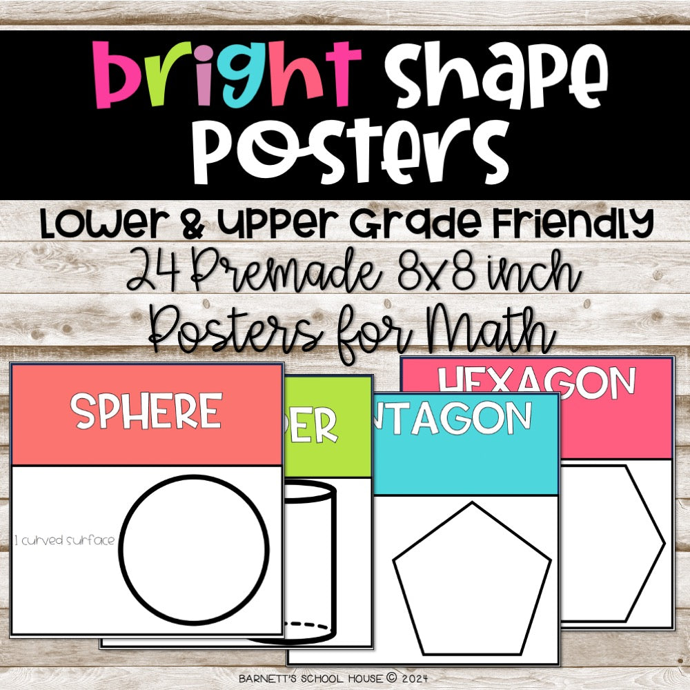 Promotional image of bright shape posters for math education with text and sample shapes.