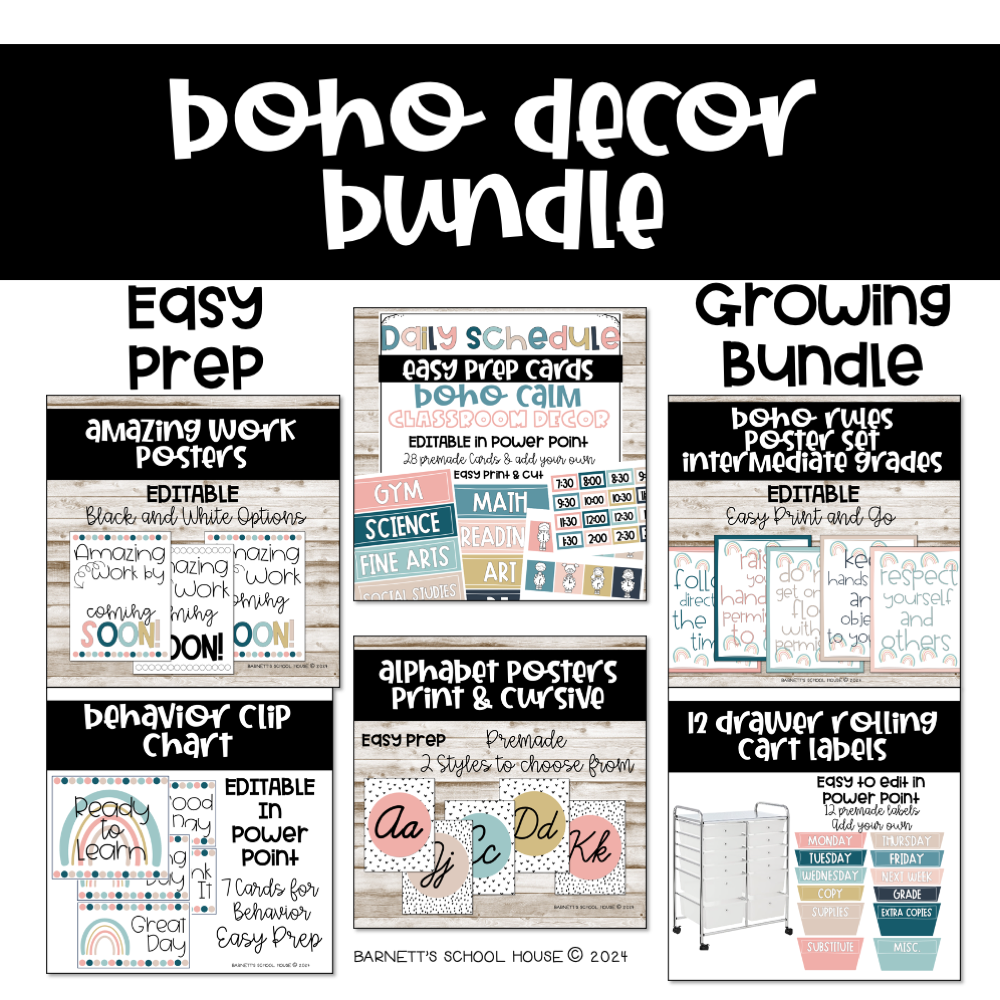 Boho decor bundle with educational materials and classroom supplies on a white background.