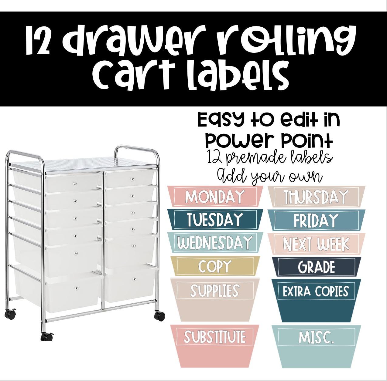 Rolling Cart Labels, Boho Classroom Decor Rolling Cart Labels - Editable - Boho Themed Labels 10 and 12 Drawer Labels