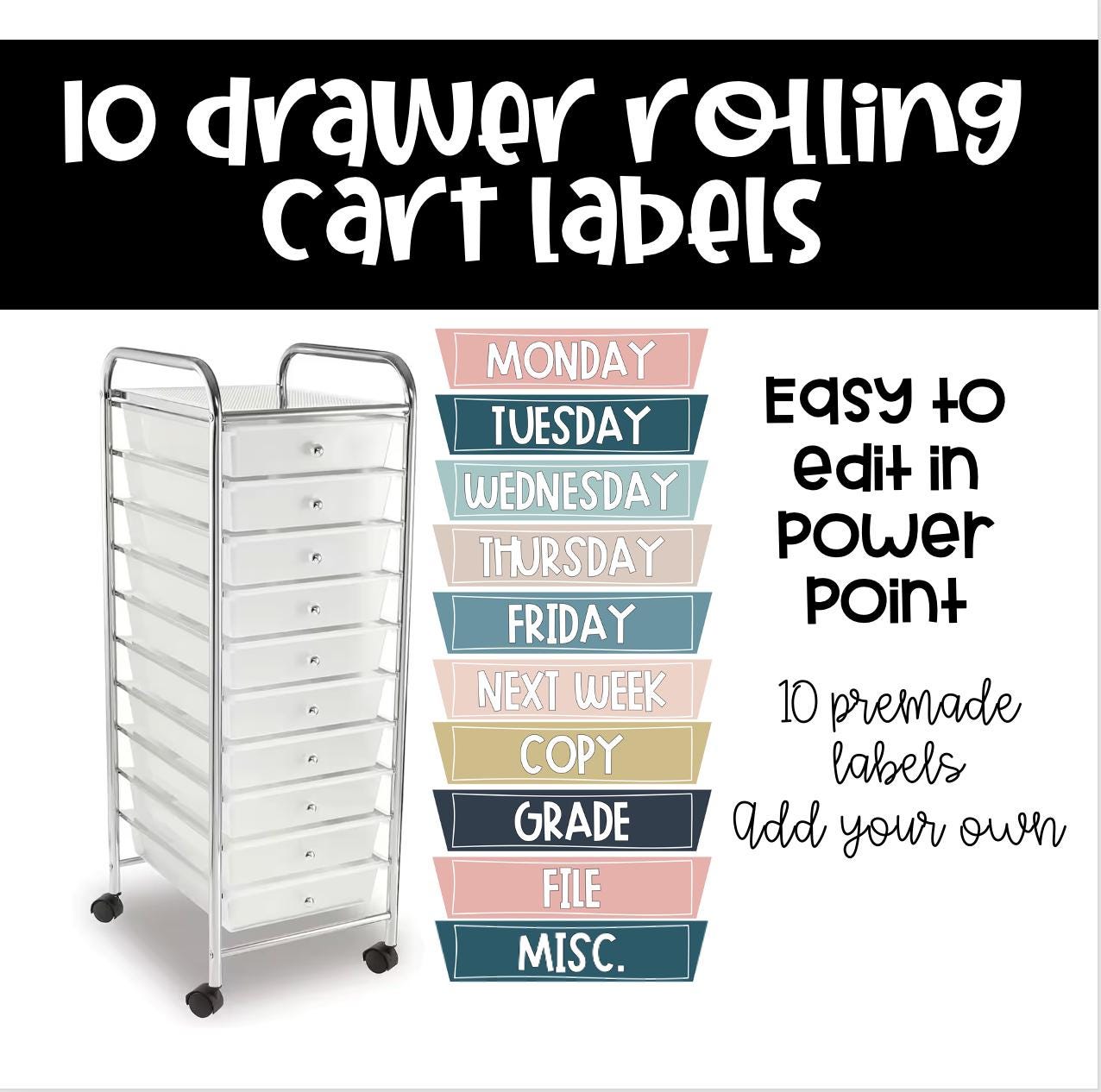 Rolling Cart Labels, Boho Classroom Decor Rolling Cart Labels - Editable - Boho Themed Labels 10 and 12 Drawer Labels