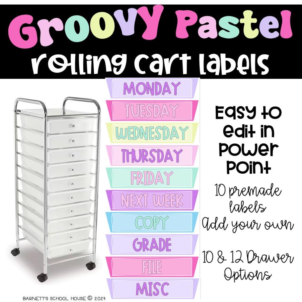 Rolling Cart Labels, Composition Notebook Classroom Decor Rolling Cart Labels - Editable - Groovy Pastel Labels 10 and 12 Drawer Labels