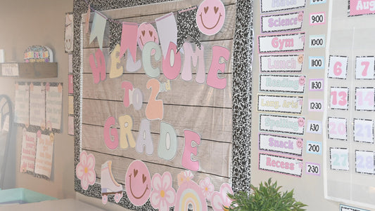 Editable Back to School Composition Notebook Groovy Bulletin Board | Groovy Themed Board | Pastel Colors