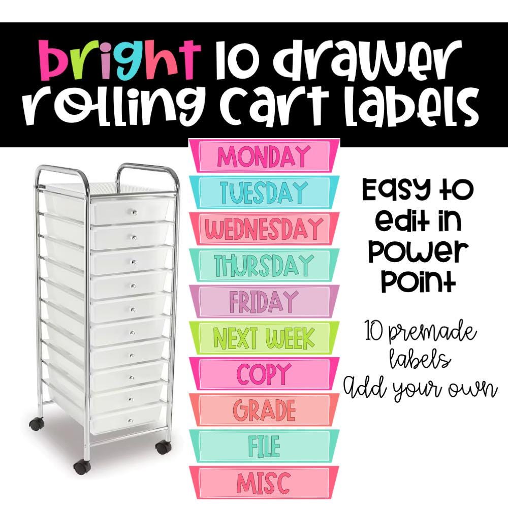 Rolling Cart Labels, Bright Classroom Decor Rolling Cart Labels - Editable - Bright Labels 10 and 12 Drawer Labels with a Variety of styles