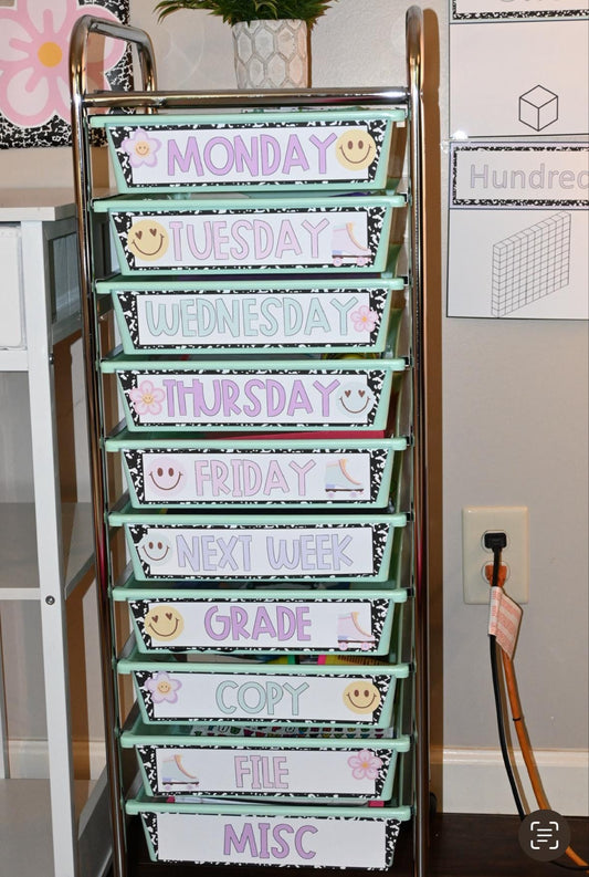 Rolling Cart Labels, Composition Notebook Classroom Decor Rolling Cart Labels - Editable - Groovy Pastel Labels 10 and 12 Drawer Labels
