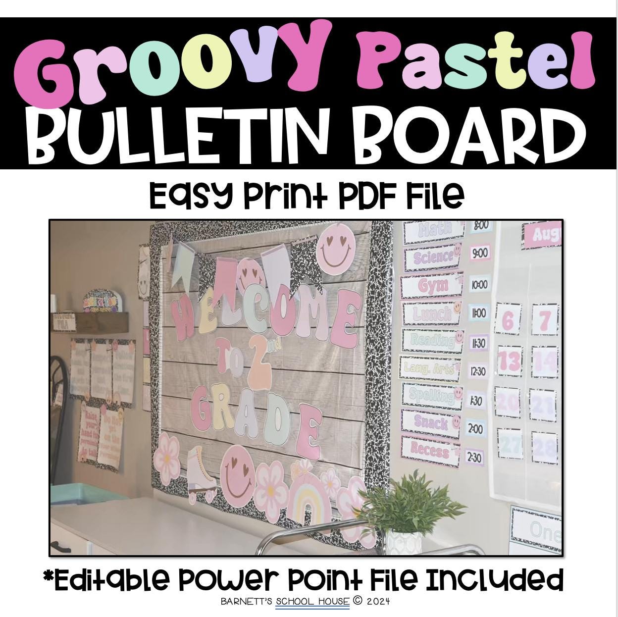 Editable Back to School Composition Notebook Groovy Bulletin Board | Groovy Themed Board | Pastel Colors
