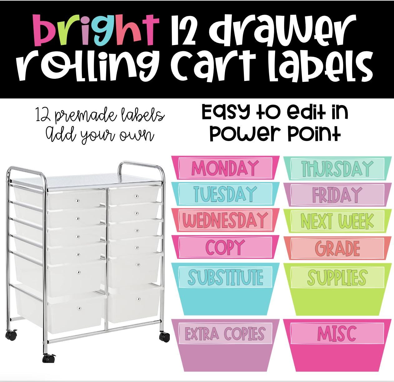 Rolling Cart Labels, Bright Classroom Decor Rolling Cart Labels - Editable - Bright Labels 10 and 12 Drawer Labels with a Variety of styles