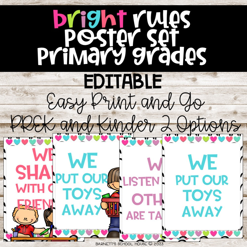Bright Rules poster set for primary grades with colorful text and illustrations on a wooden background.