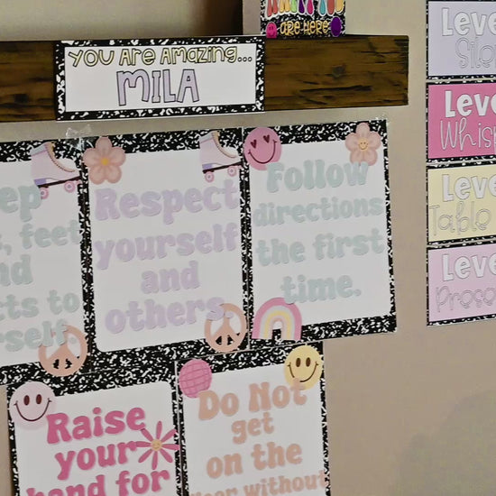 Real Life classroom groovy decor setting with composition themed notebook.