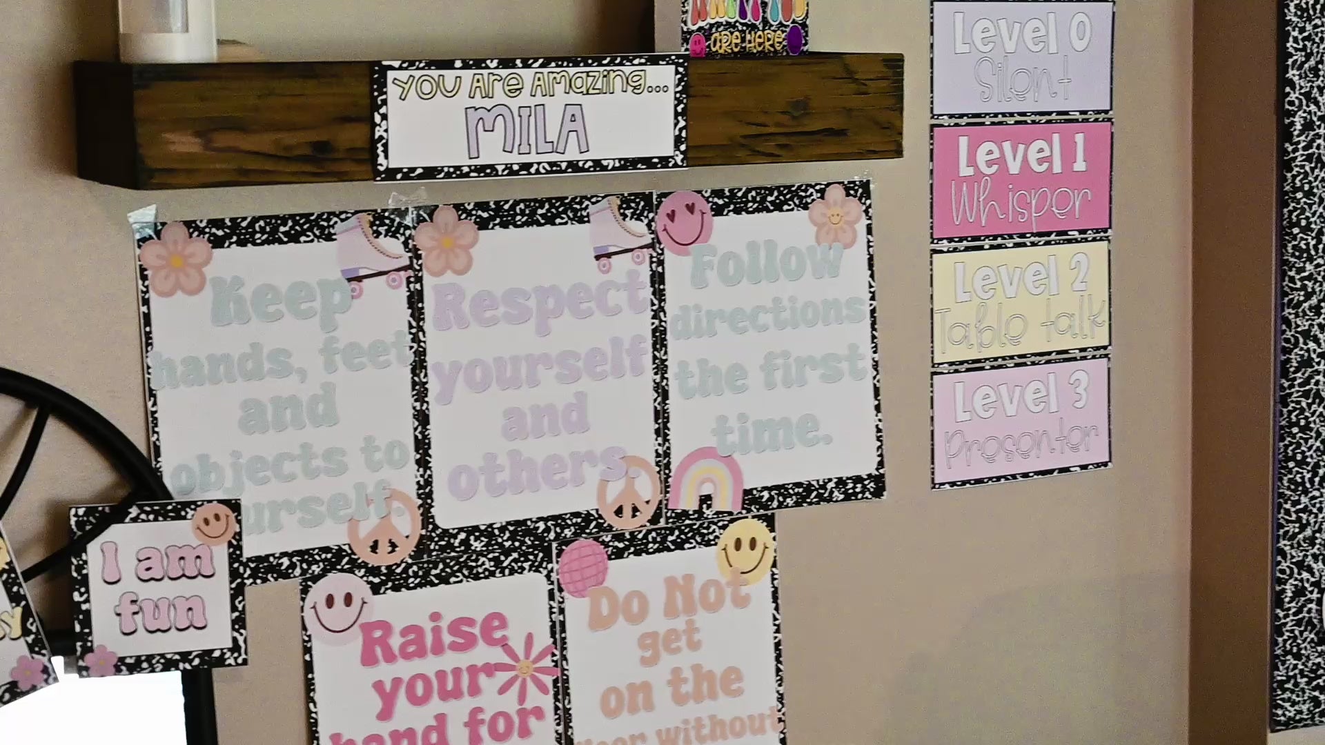 Real Life classroom groovy decor setting with composition themed notebook.